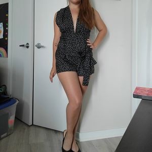 Criss Cross Belted Polka-dot Print Romper